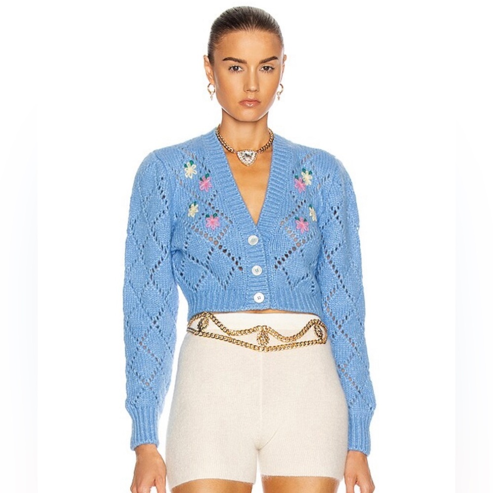 ALLESANDRA RICH Floral Wool Cropped Cardigan Light Blue Size 36 New